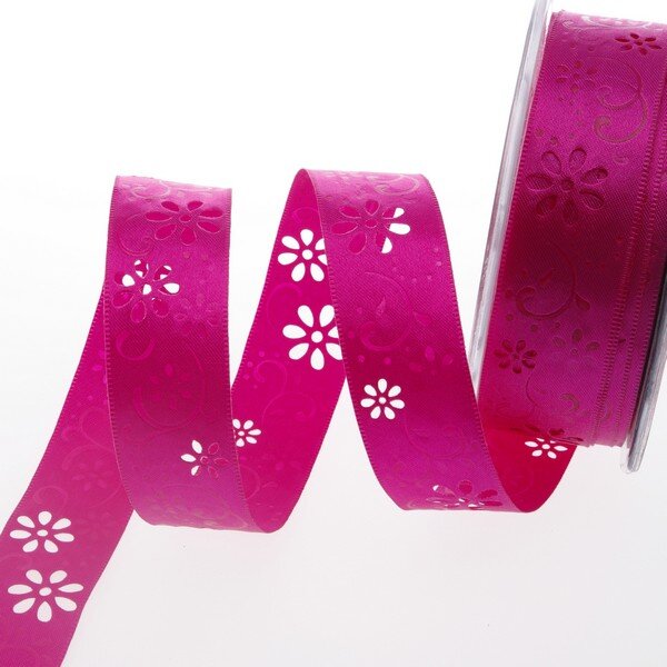 Satinband pink mit Laser Cut Bl&uuml;mchen 25mm 20m Fr&uuml;hlingsband Osterdekoration