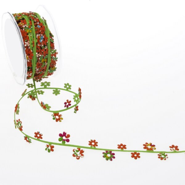 Filzband mit Bl&uuml;mchen Filzschnur Fr&uuml;hlingsband Blumengirlande gr&uuml;n-orange 32 mm 10 Meter