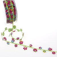 Filzband mit Bl&uuml;mchen Filzschnur Fr&uuml;hlingsband Blumengirlande gr&uuml;n-pink 32 mm 10 Meter
