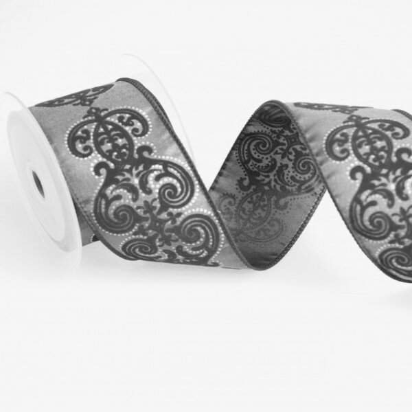 Taftband mit Samt-Ornamenten grau-schwarz 65mm 10m 93104-65-90