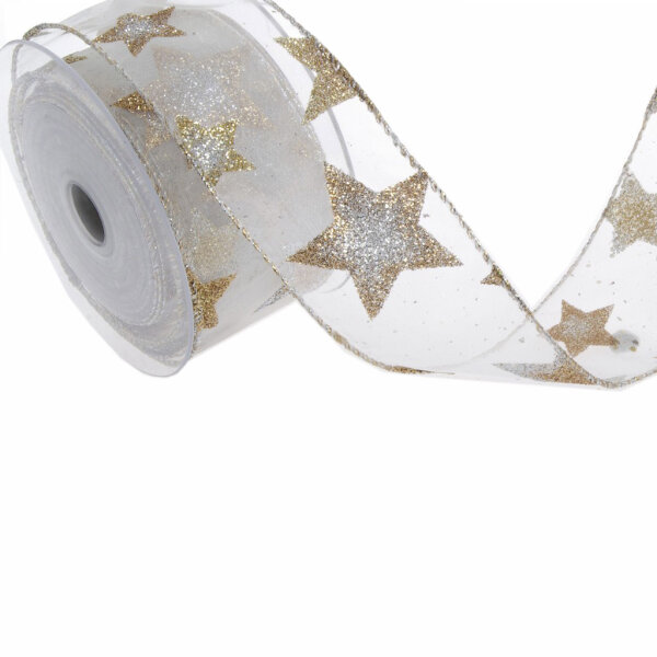 Glitzersternenband mit Drahtkante - Weihnachtsband - Schleifenband - Geschenkband - Sterne - Glitzer - Silber - Gold - 50mm - 10m - 8280 21