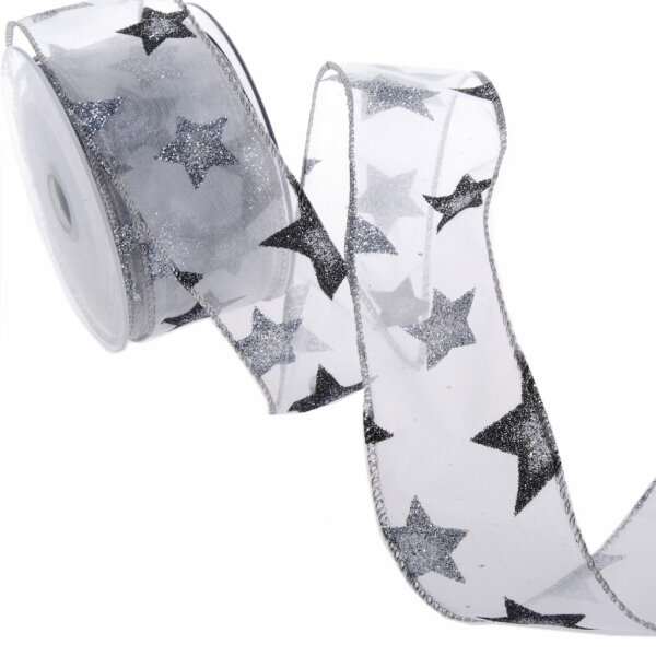 Glitzersternenband mit Drahtkante - Weihnachtsband - Schleifenband - Geschenkband - Sterne - Glitzer - Silber - Schwarz - 50mm - 10m - 8280 94