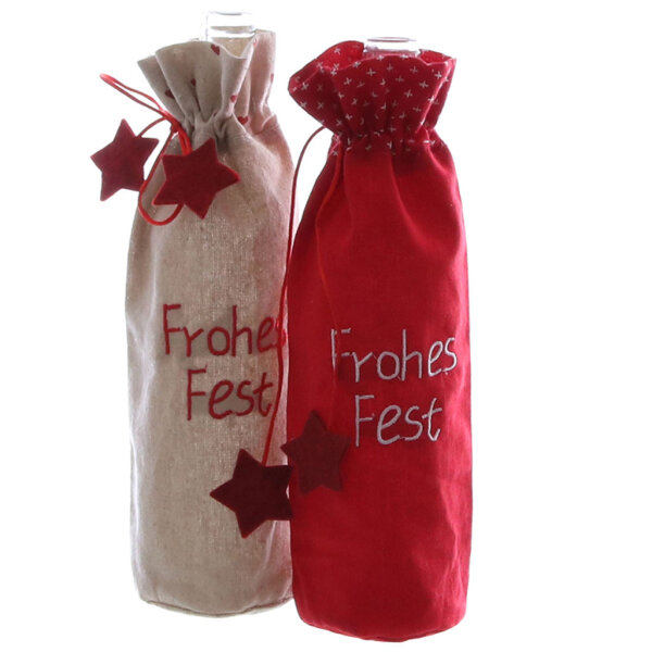 Flaschenbeutel in Leinenoptik - Aufschrift Frohes Fest - rotes Zugband mit Sternen - Weihnachten - 2-farbig sortiert - rot/beige - 1VE=2 St&uuml;ck - je ca.8x30cm - AD72117
