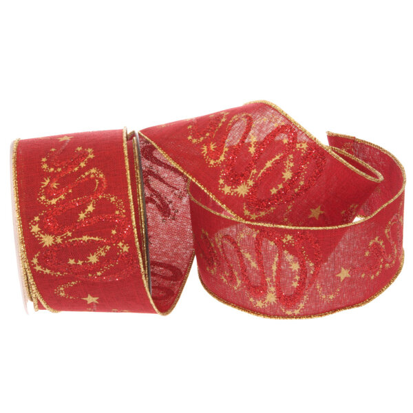 Weihnachtsband &quot;Magic star tree&quot; ca. 65mm Breite - 10m L&auml;nge - col. 30 Rot-Gold - 67806-65-10-30