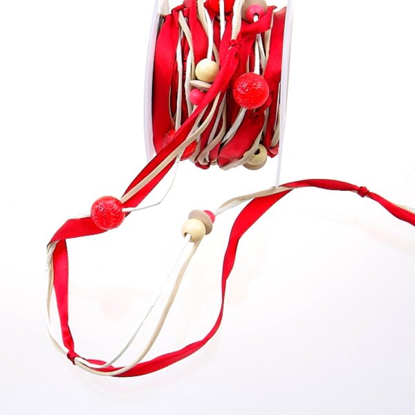 Satin- und Papierkordel mit Perlen, rot- 20 mm Breite auf 5 m Rolle - 98014 30R