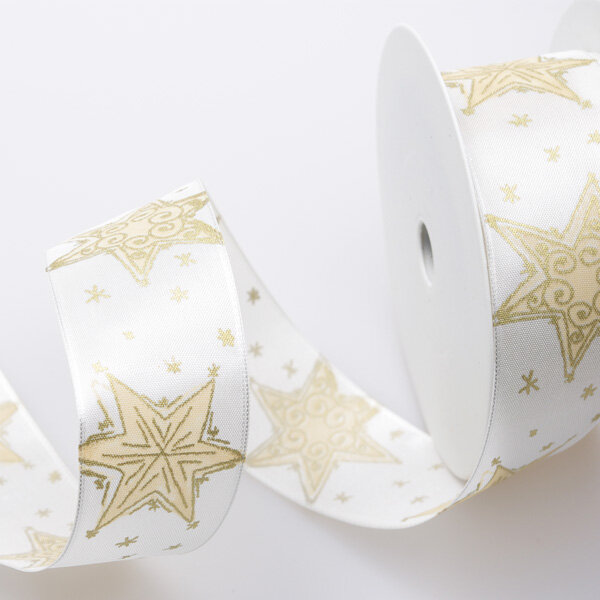 Weihnachtsdekoband mit Sternen creme-gold - 40 mm Breite auf 25 m Rolle - 43968 050-R 25
