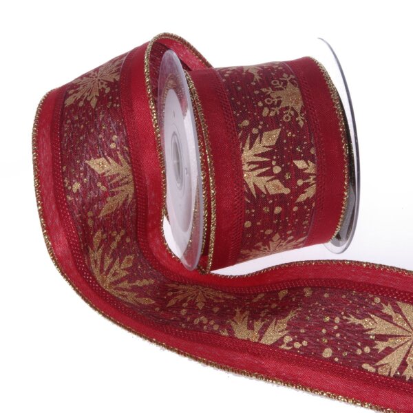 Dekoband mit Eiskristallen - Schleifenband - Geschenkband - Weihnachtsband - Rot/Gold - ca. 65 mm Breite - 10 m L&auml;nge - 93194-65-10-32