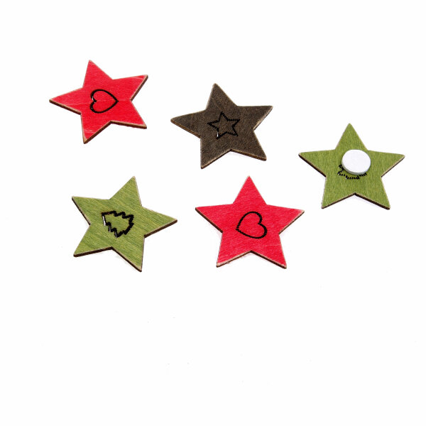 Holzaufleger Stern mit Klebepunkt - rot-gr&uuml;n-braun - ca.3,5cm - 6 St&uuml;ck - 8017