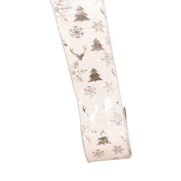 Weihnachtsband mit Silberfoliendruck &quot;Winter Forest&quot; ca. 65mm Breite - 10m L&auml;nge - col. 01 Natur-Silber - 67808-65-10-010